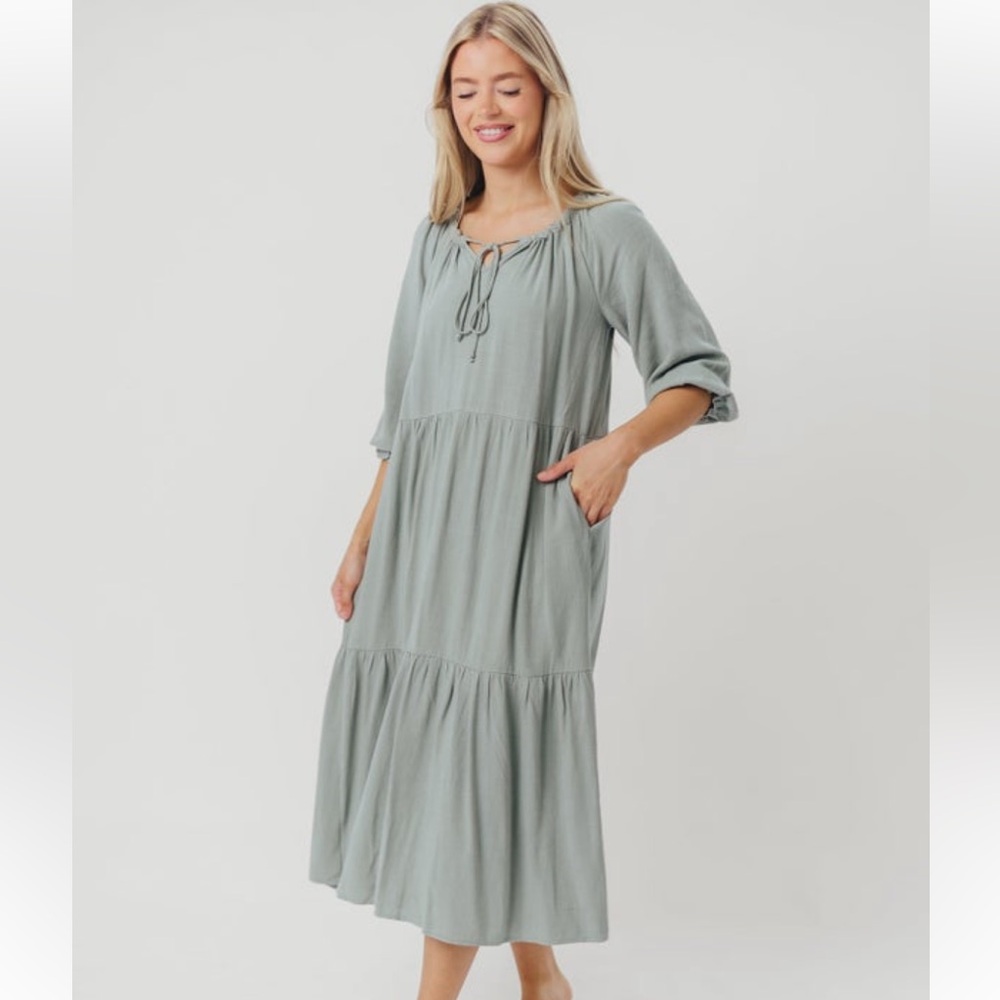 Worth Collectivr Avery Tiered Linen-Blend Midi Dress in Sage